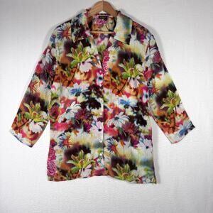UBU Floral Crinkle Poly Scrunchie Shirt Button Up Stretch Lagenlook Artsy Medium